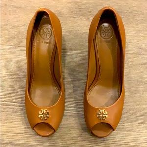 Tory Burch Leather Open Toe Wedges